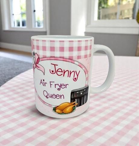 Personalised pink air fryer mug with gonk kitchen design and custom name – fun Ninja style kitchen gift for women