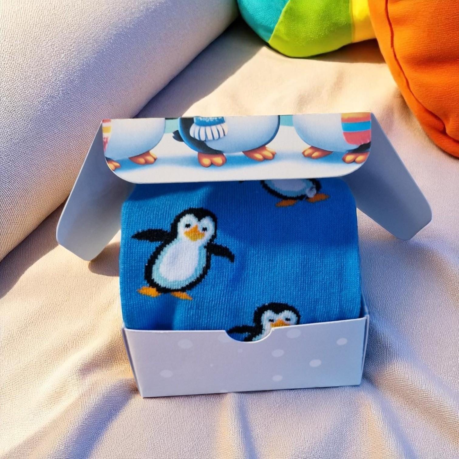 Penguin Style Socks Gift Box – Cute Blue Socks With Gift Tag, Cosy Novelty Gift For Adults