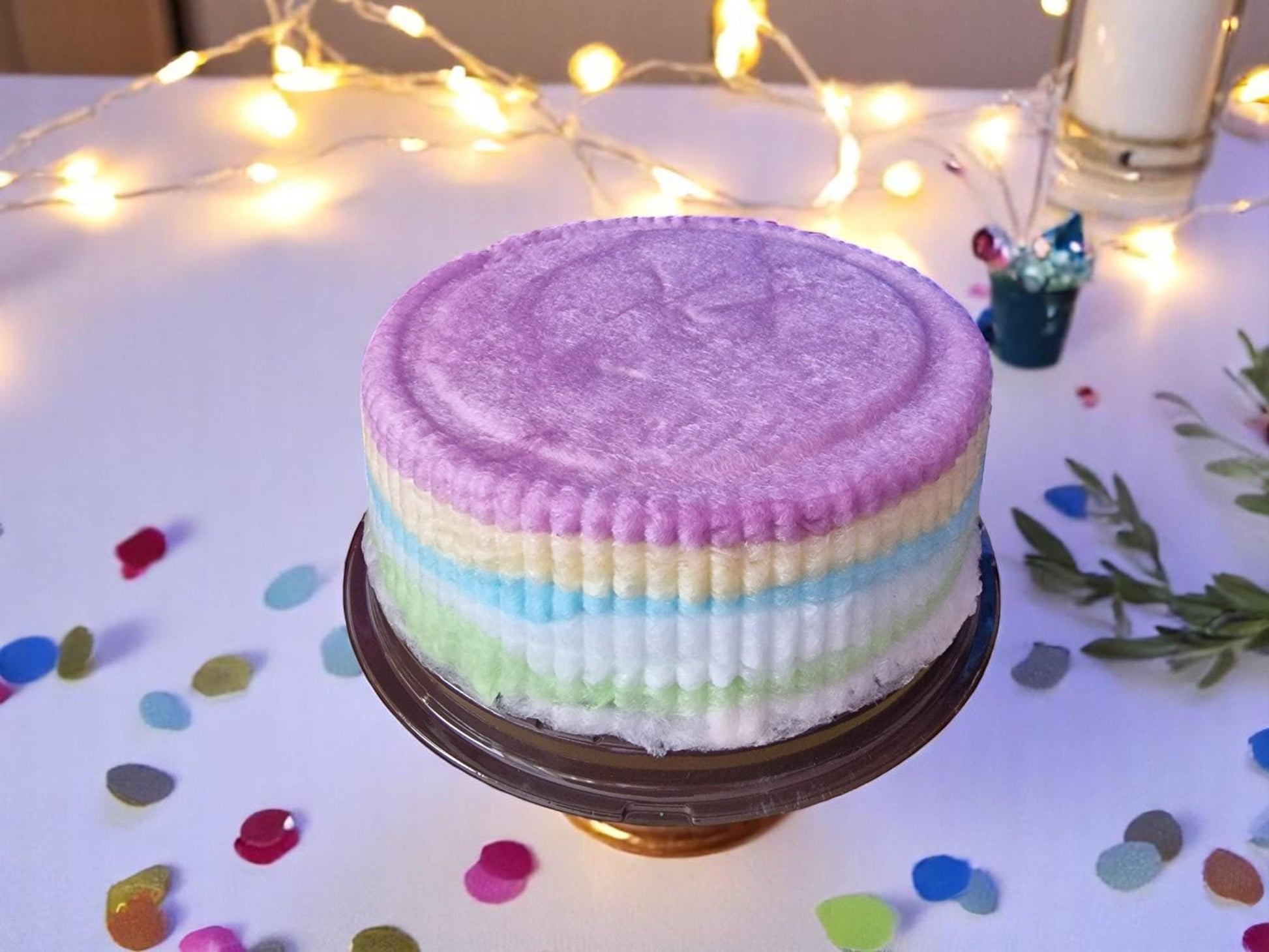 8-inch rainbow candy floss cake with celebration topper, vegan and gluten-free, perfect for birthdays, weddings, or Christmas