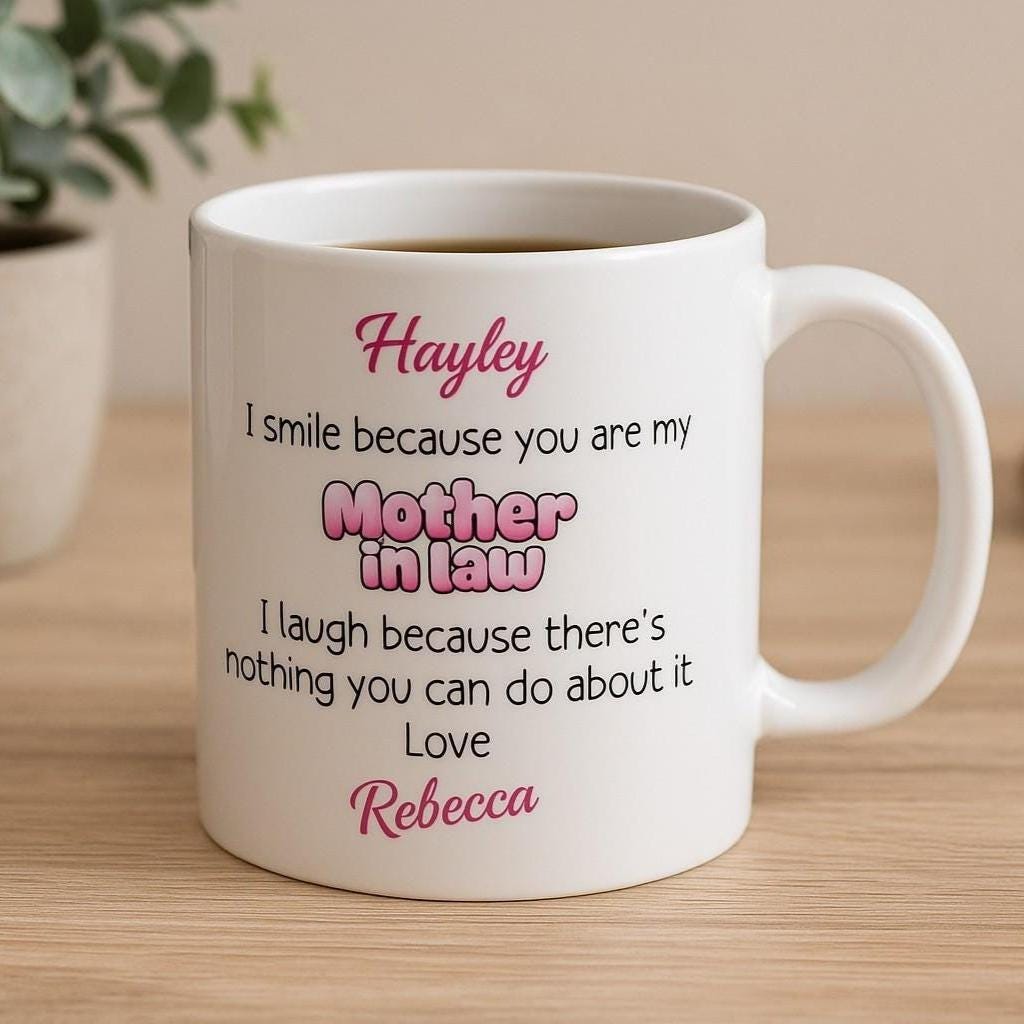 Personalised funny mother-in-law mug – custom name wedding, birthday, or Christmas gift from daughter or son-in-law