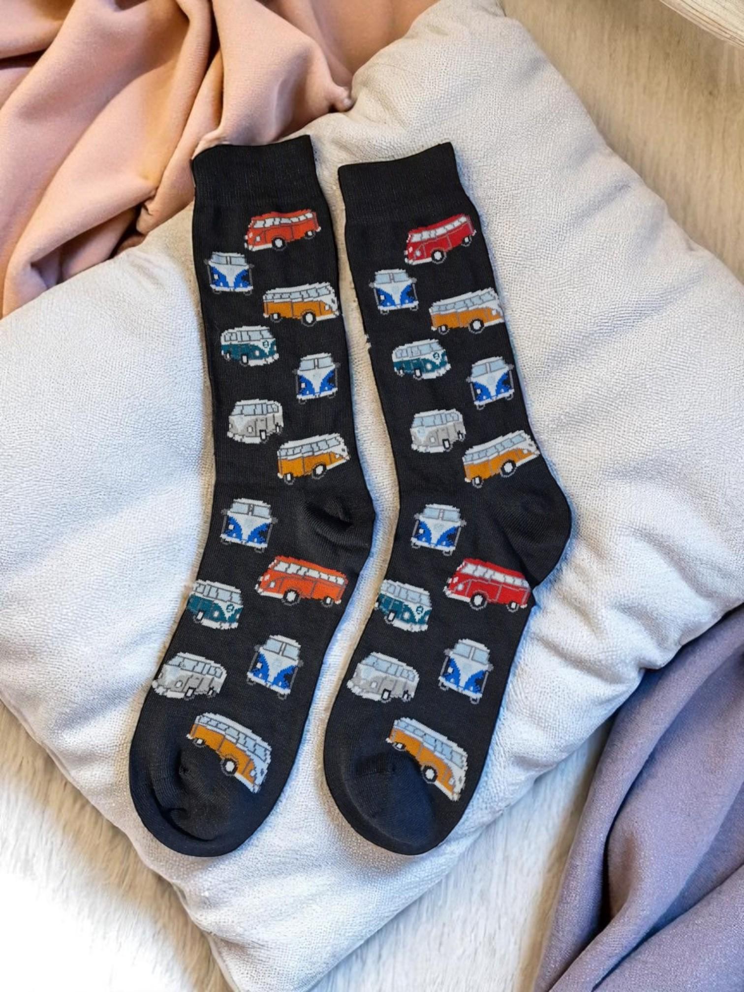 Campervan-themed socks in a retro motorhome gift box – unique travel gift for outdoor lovers, UK size 6–10
