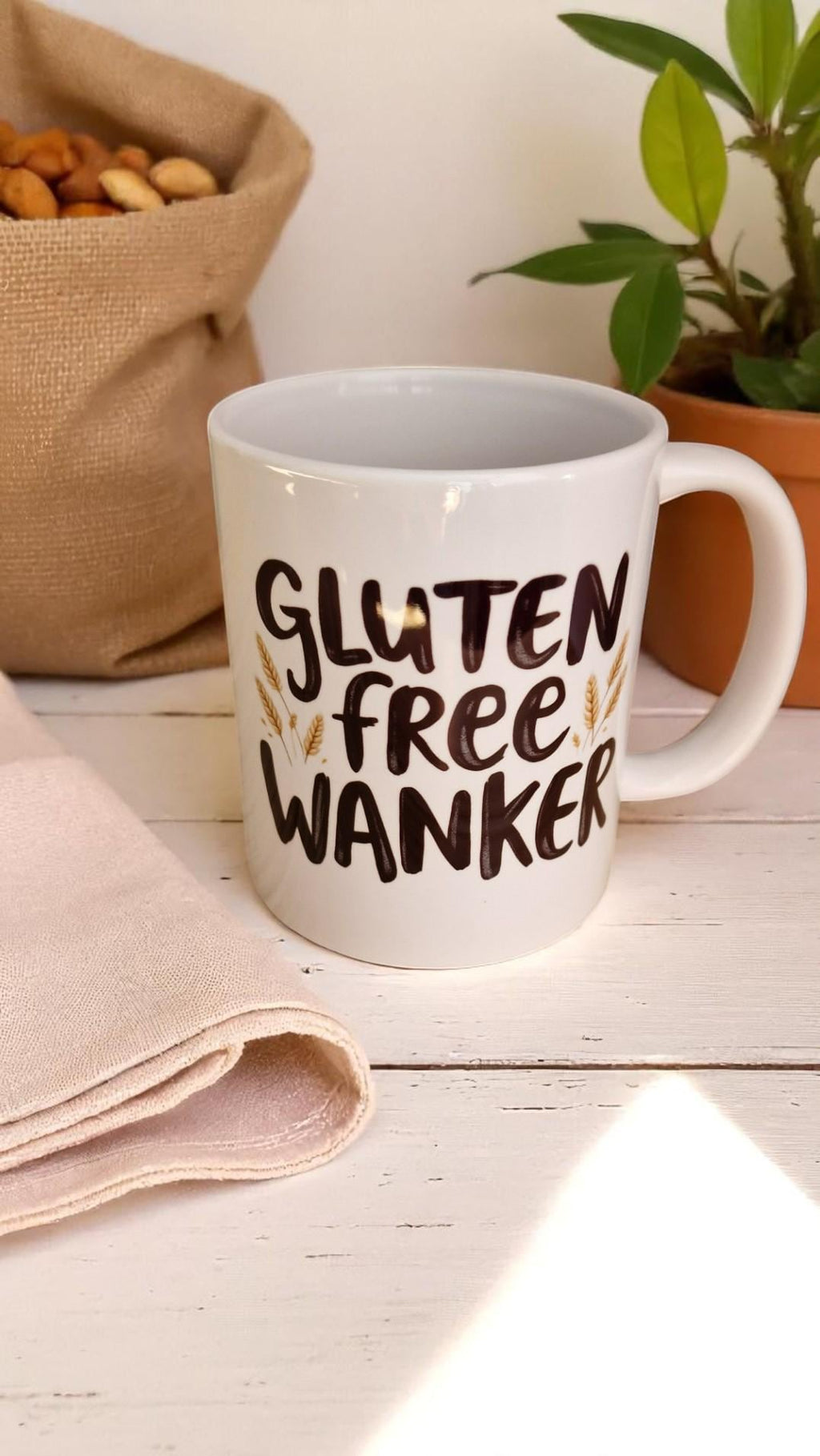 Gluten Free Wanker high-gloss ceramic mug – funny gift for celiacs, diet warriors, and banter lovers