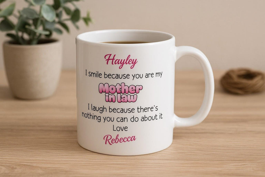 Personalised funny mother-in-law mug – custom name wedding, birthday, or Christmas gift from daughter or son-in-law