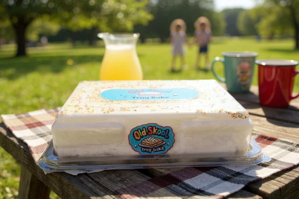 Rectangular cake with Old Skool Ice Cream logo on a picnic table outdoors
