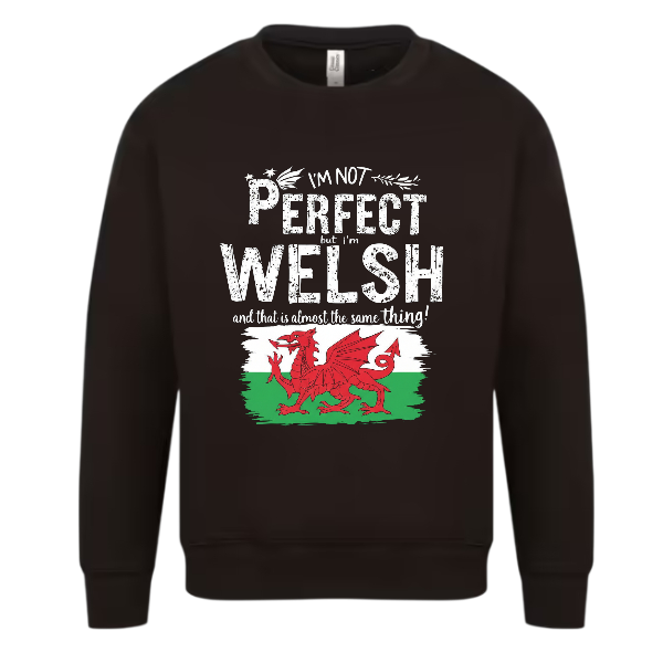 Black sweatshirt with Welsh flag and text design on a white background