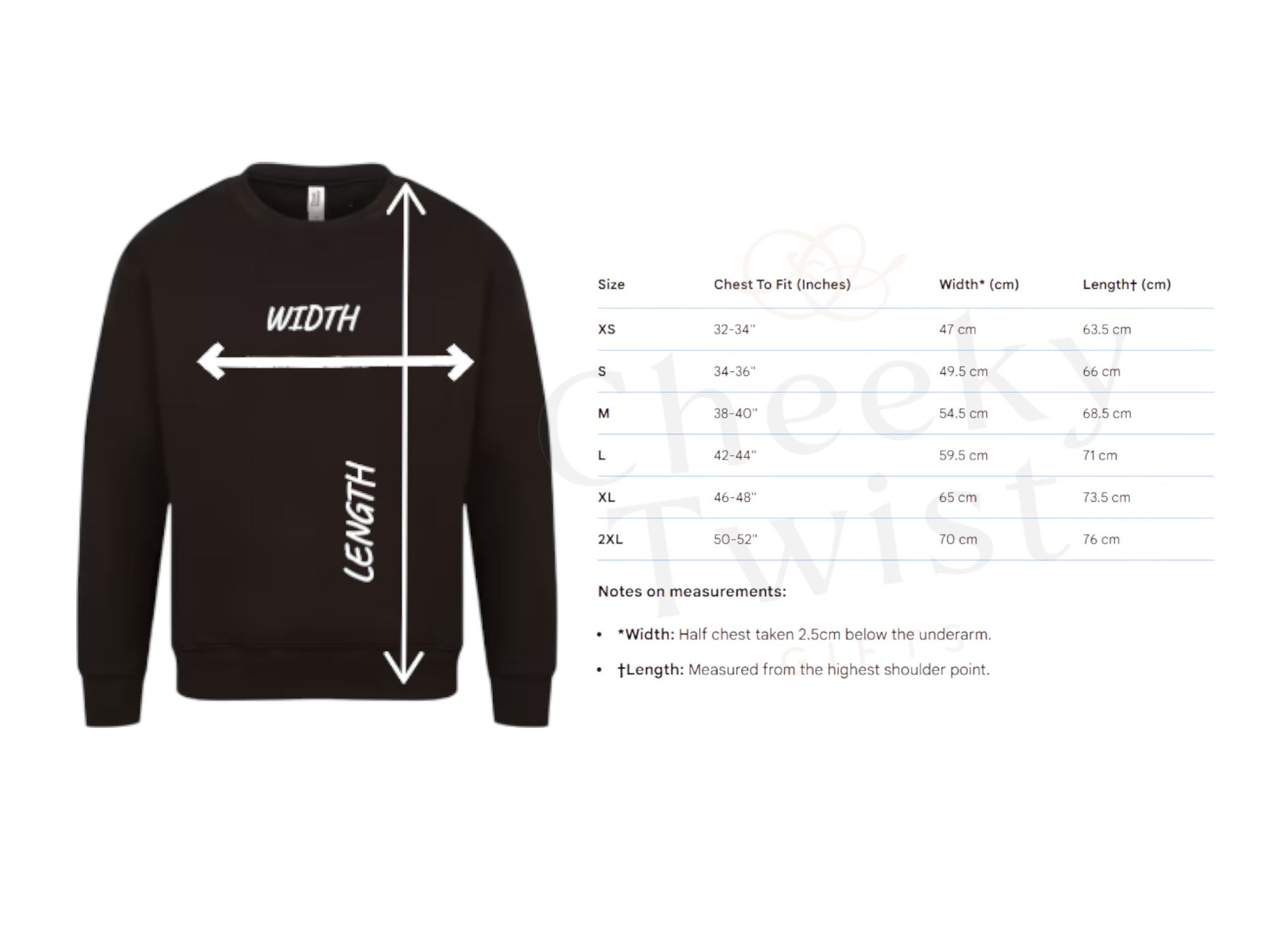 Black sweatshirt with measurements on a white background