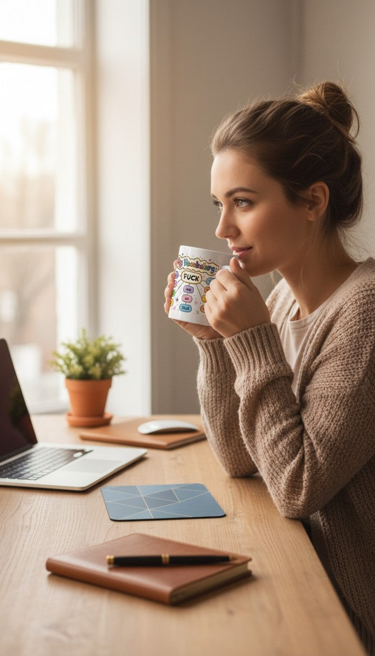 Woman drinking from a colorful mug at a desk with a laptop and notebook.