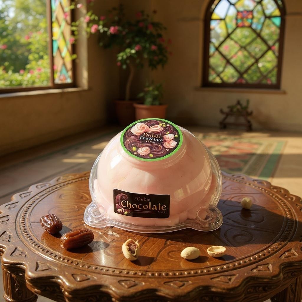 Pink chocolate cake in a clear dome packaging on a wooden table with stained glass windows in the background.