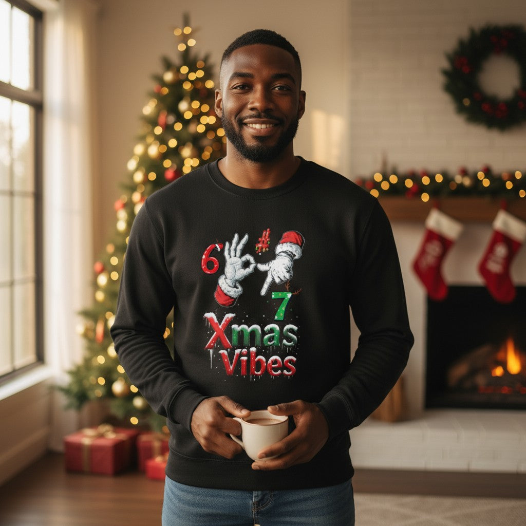 Man wearing a black sweater with Christmas-themed design, holding a mug in a festive room with a tree and stockings.