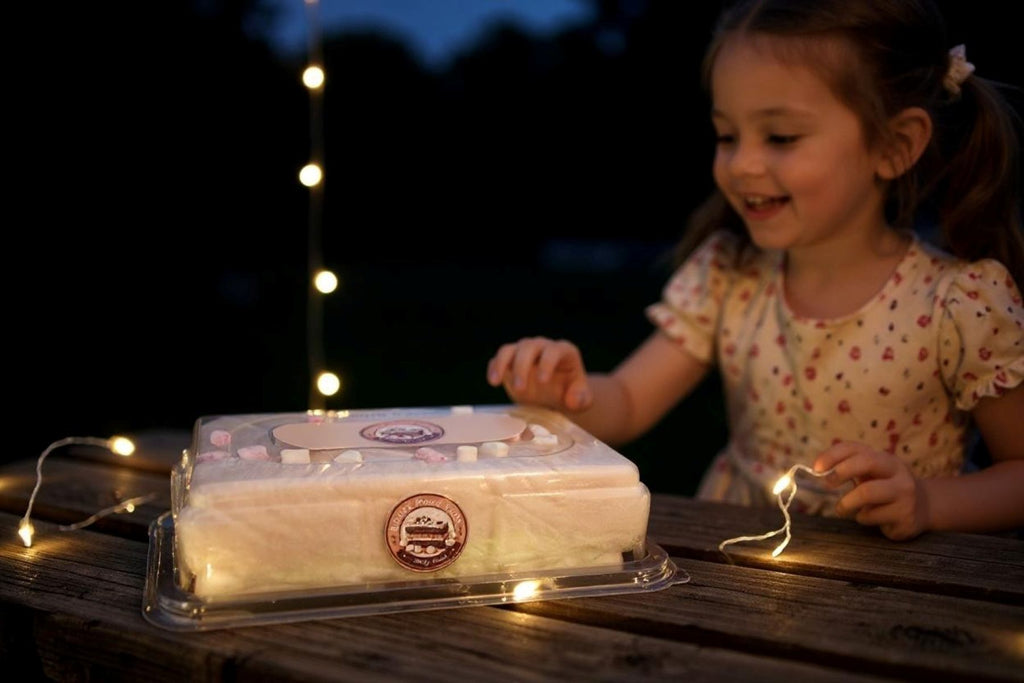 Child interacting with a cake on a wooden table at night with string lights in the background