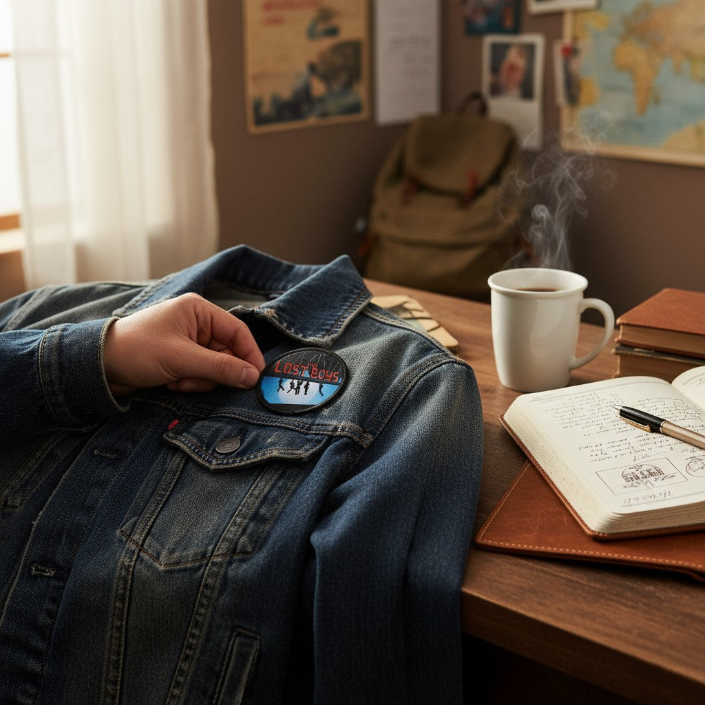 Person wearing a denim jacket with a patch, sitting at a desk with a cup of coffee and notebook.