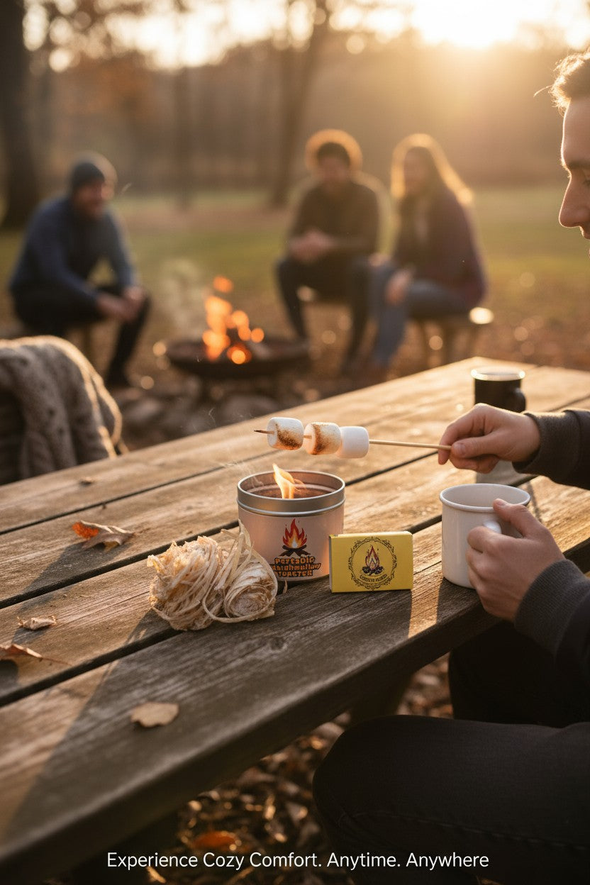 People roasting marshmallows over a campfire at sunset with 'Experience Cozy Comfort. Anytime. Anywhere' text.