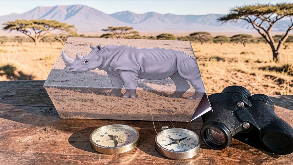 Wooden box with a rhino design, compass, and binoculars on a wooden surface with a natural landscape background.