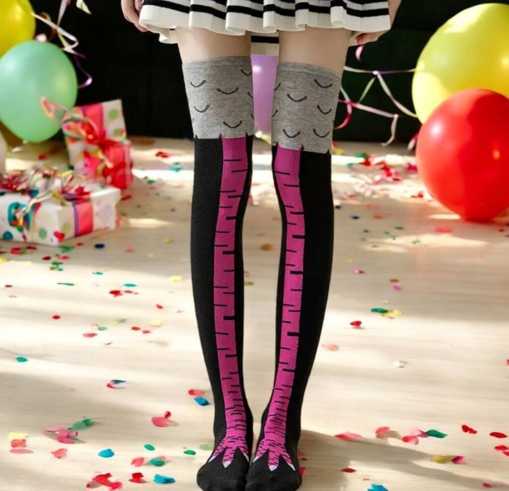 Funny chicken claw over-the-knee socks – quirky women’s cosplay and novelty gift, unique yellow claw pattern