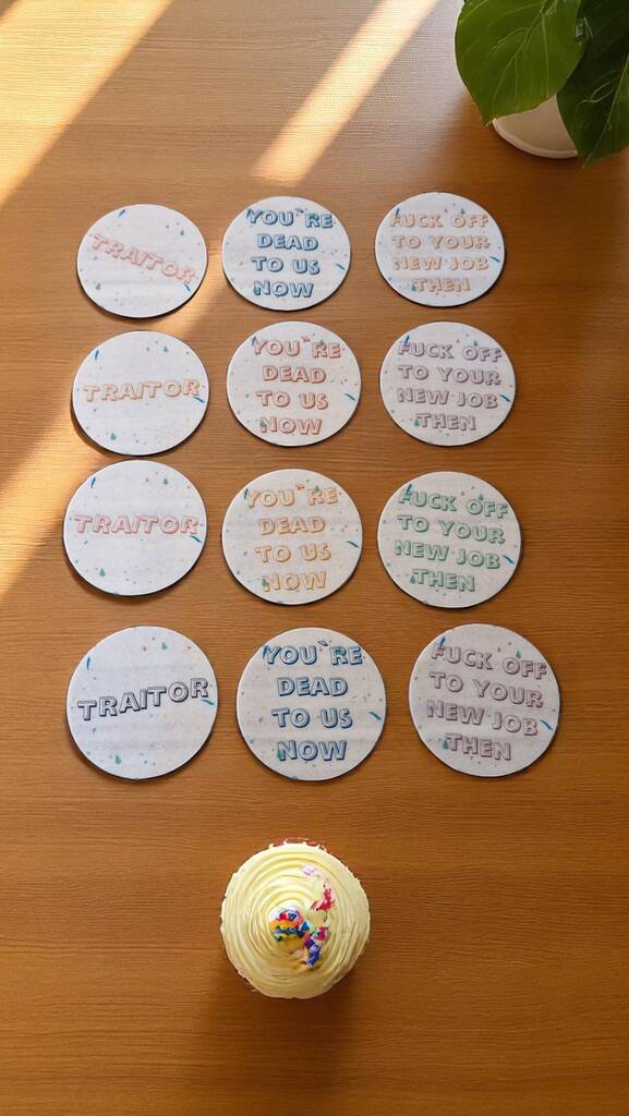 Funny “Sorry You’re Leaving Traitor” edible cupcake toppers, pack of 12 large precut wafer designs for office farewell party