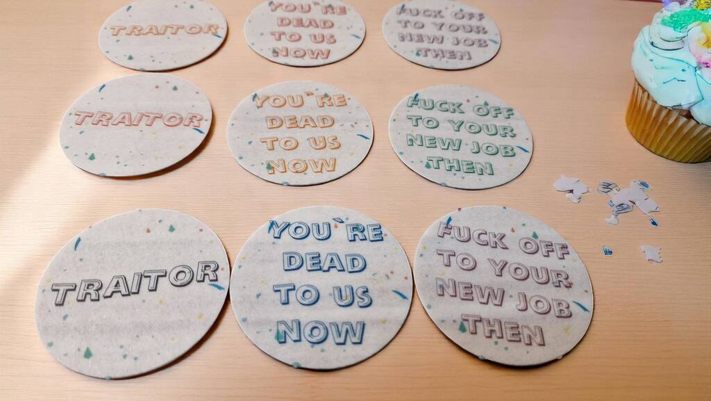 Funny “Sorry You’re Leaving Traitor” edible cupcake toppers, pack of 12 large precut wafer designs for office farewell party