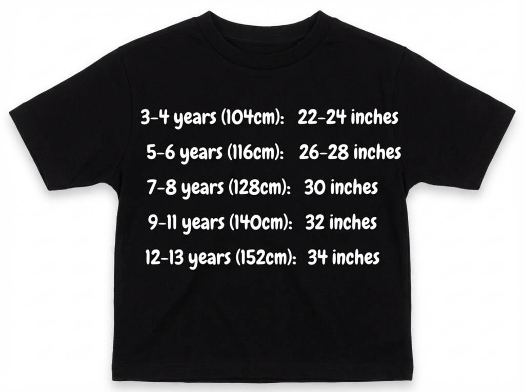 Black t-shirt with white text displaying size chart for children on a white background