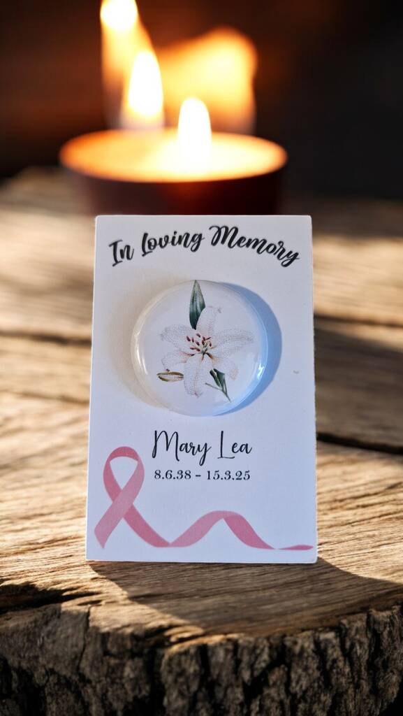 Set of 20 personalised In Loving Memory funeral badges with name and symbol, each on a custom card