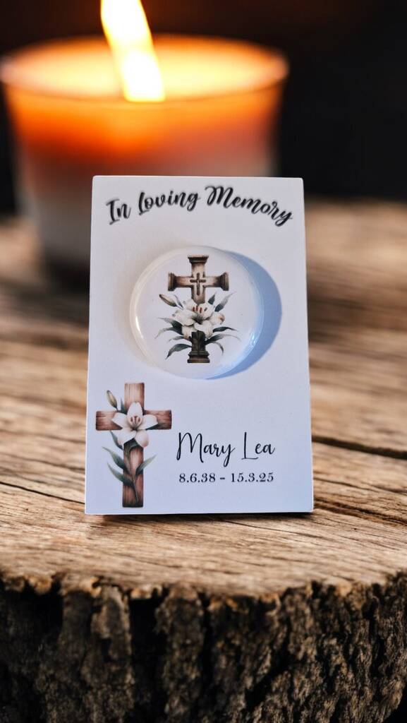 Set of 20 personalised In Loving Memory funeral badges with name and symbol, each on a custom card