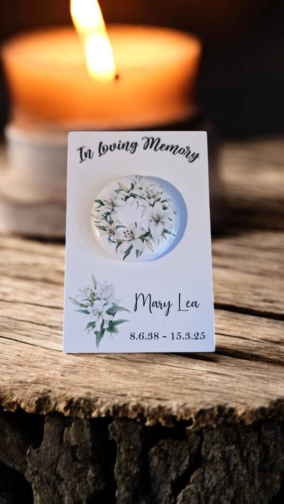 Set of 20 personalised In Loving Memory funeral badges with name and symbol, each on a custom card