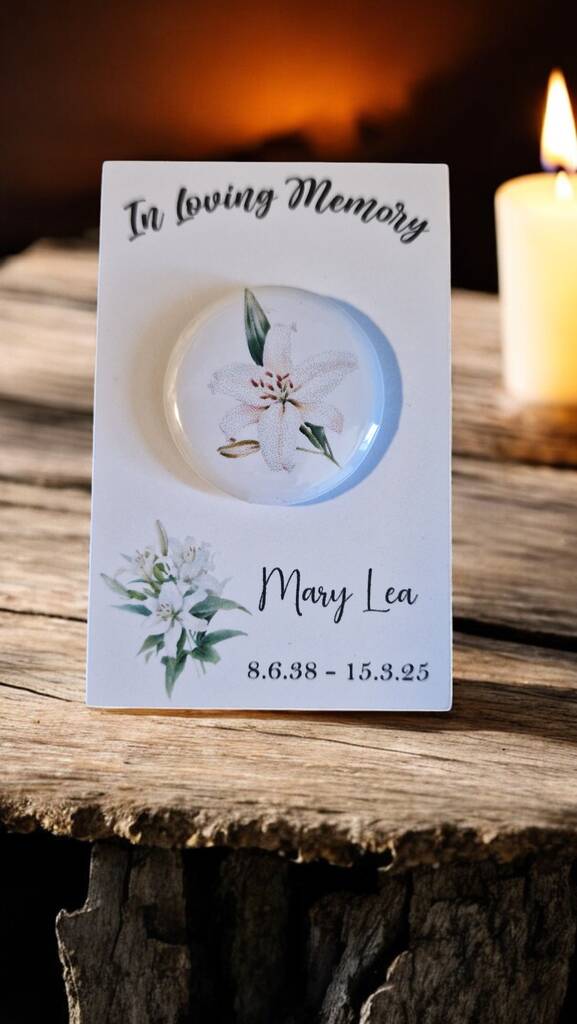 Set of 20 personalised In Loving Memory funeral badges with name and symbol, each on a custom card