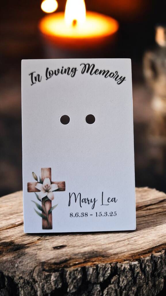 Set of 20 personalised In Loving Memory funeral badges with name and symbol, each on a custom card