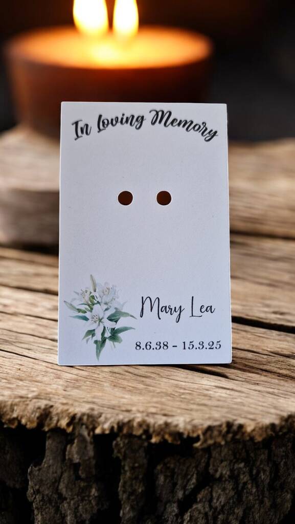 Set of 20 personalised In Loving Memory funeral badges with name and symbol, each on a custom card