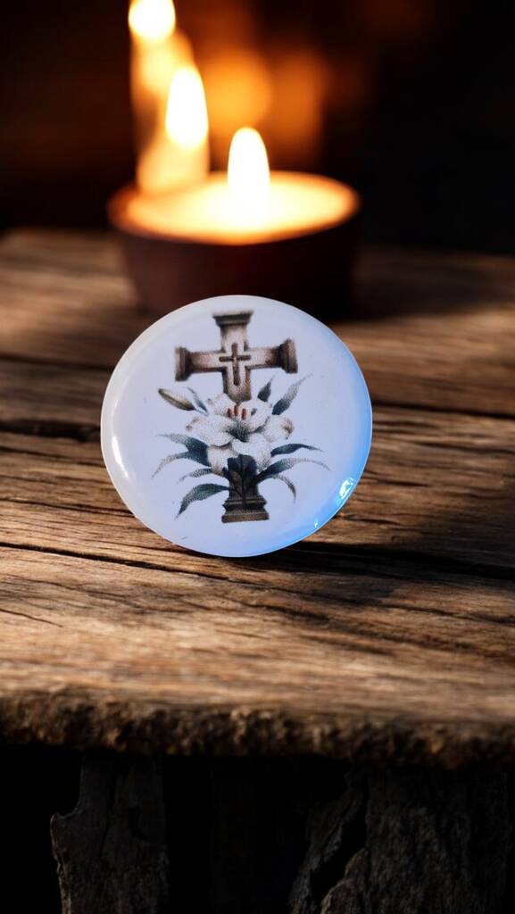 Set of 20 personalised In Loving Memory funeral badges with name and symbol, each on a custom card