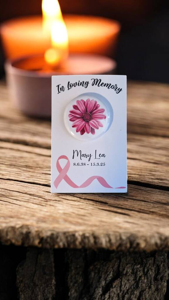 Set of 20 personalised In Loving Memory funeral badges with name and symbol, each on a custom card