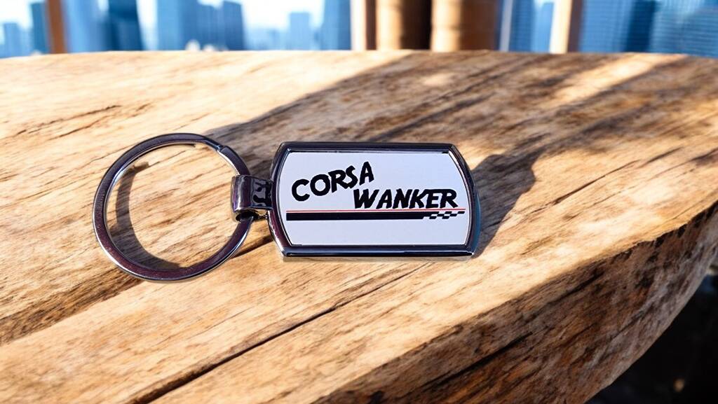 Metal car keyring – curved rectangle stainless steel, cheeky Car Wanker gift, boxed accessory for car lovers