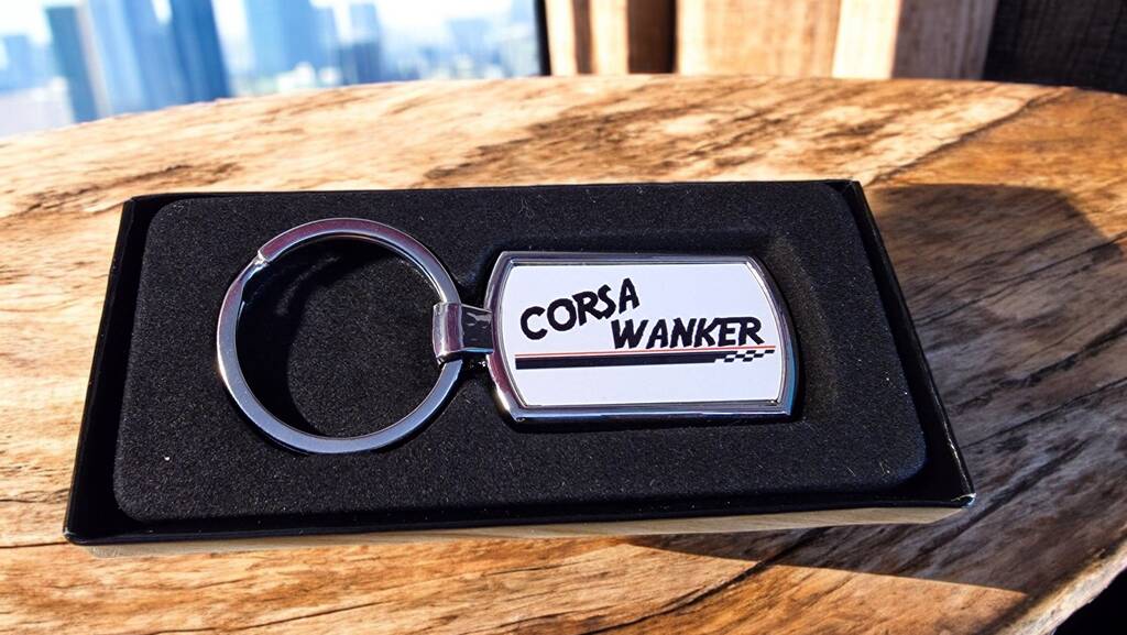 Metal car keyring – curved rectangle stainless steel, cheeky Car Wanker gift, boxed accessory for car lovers