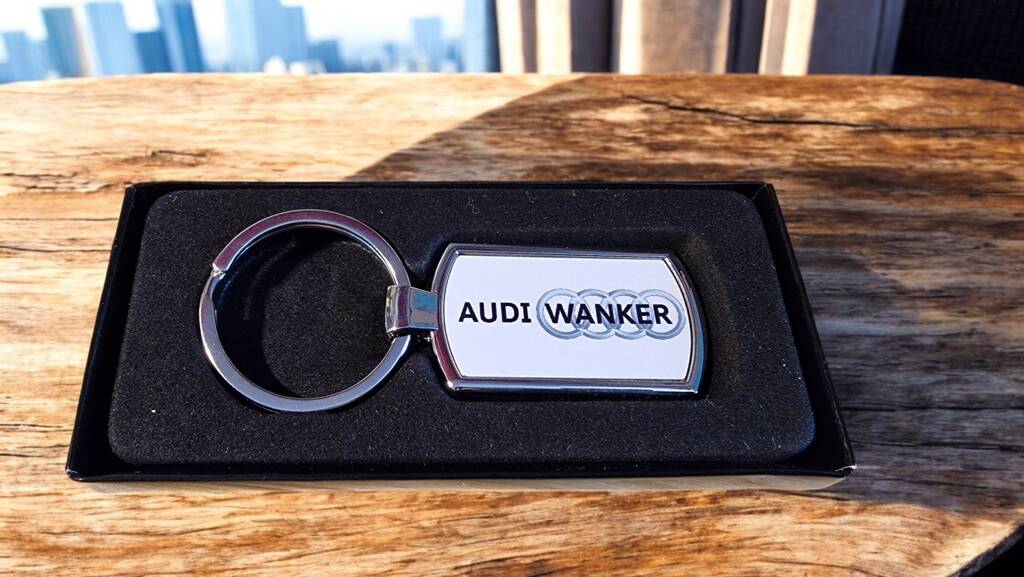 Metal car keyring – curved rectangle stainless steel, cheeky Car Wanker gift, boxed accessory for car lovers
