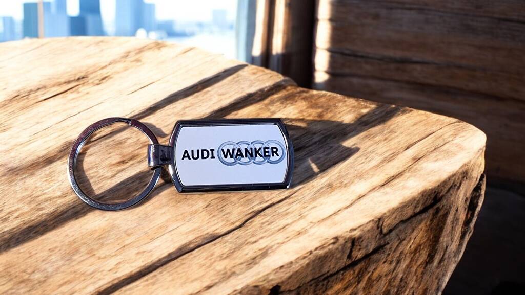 Metal car keyring – curved rectangle stainless steel, cheeky Car Wanker gift, boxed accessory for car lovers