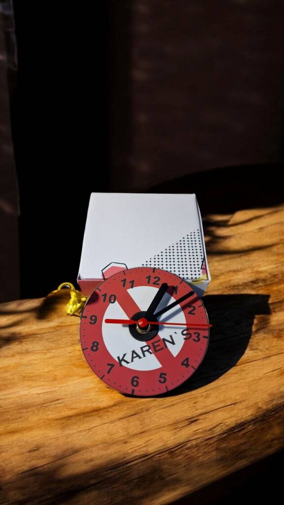 No Karens CD wall clock – quirky eco-friendly diner clock made from repurposed CD, with pizza-style gift box