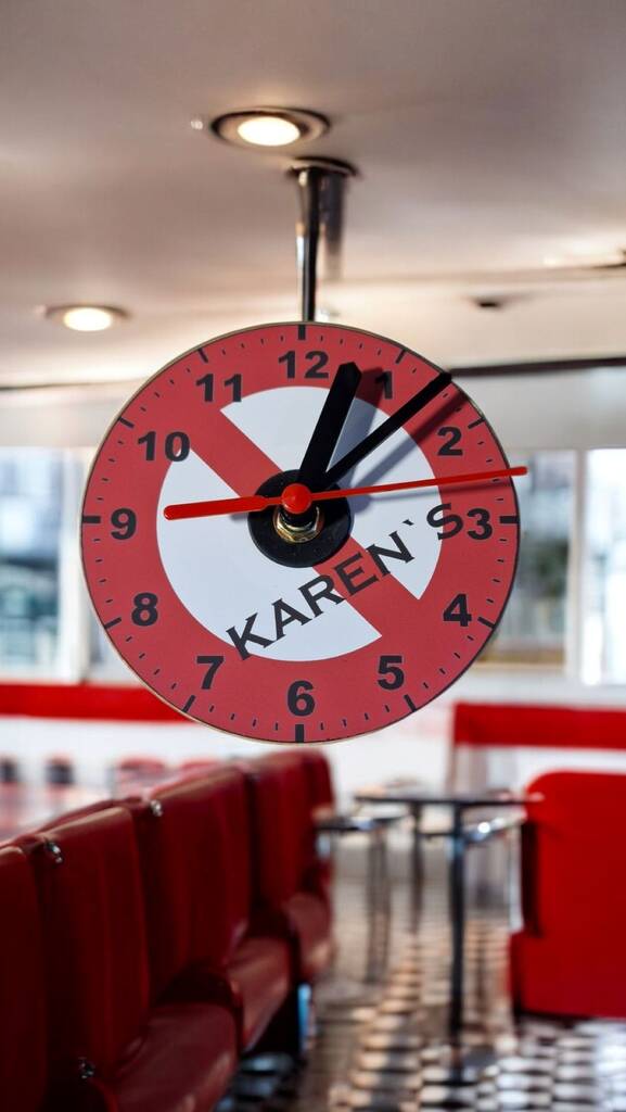 No Karens CD wall clock – quirky eco-friendly diner clock made from repurposed CD, with pizza-style gift box