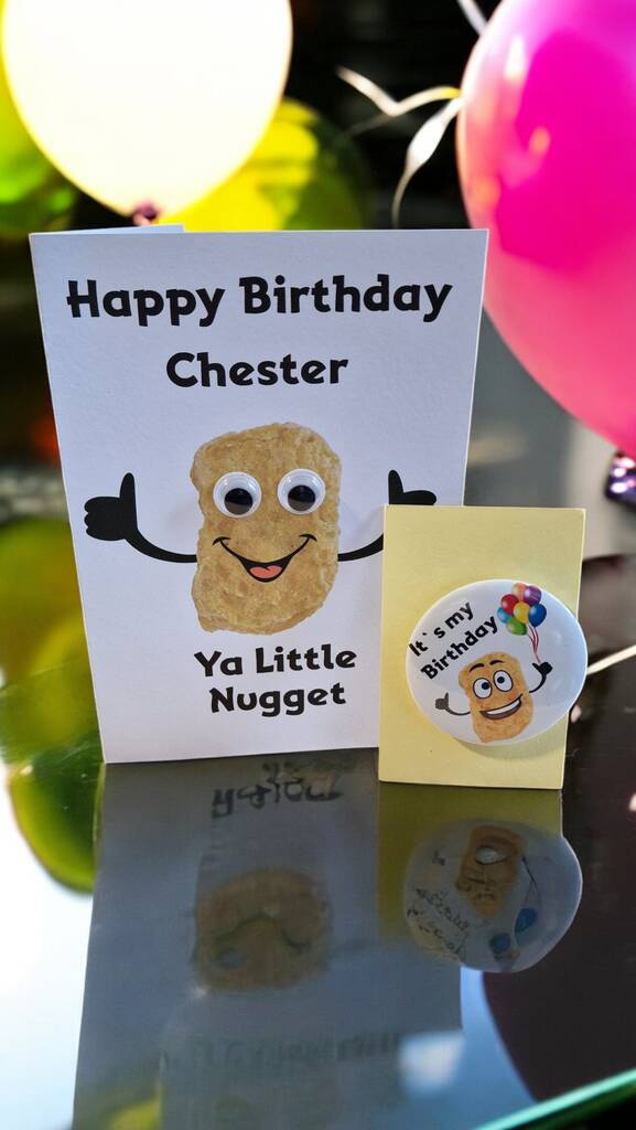 Personalised Happy Birthday Nugget card with custom name and free 58mm pin badge – charming 5x7" greeting card