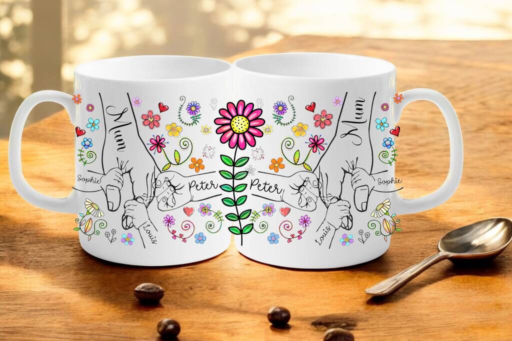 Personalised holding hands mug with up to 6 custom names – sentimental ceramic keepsake for family, friends, or couples