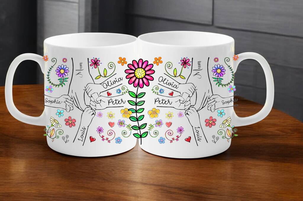 Personalised holding hands mug with up to 6 custom names – sentimental ceramic keepsake for family, friends, or couples