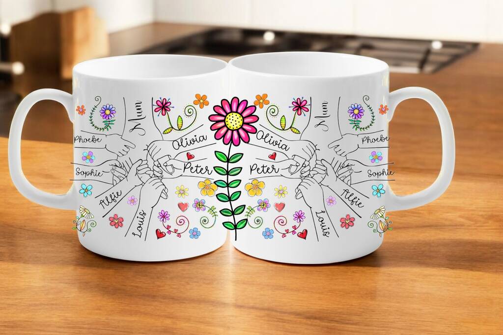 Personalised holding hands mug with up to 6 custom names – sentimental ceramic keepsake for family, friends, or couples