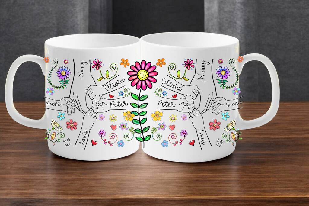 Personalised holding hands mug with up to 6 custom names – sentimental ceramic keepsake for family, friends, or couples