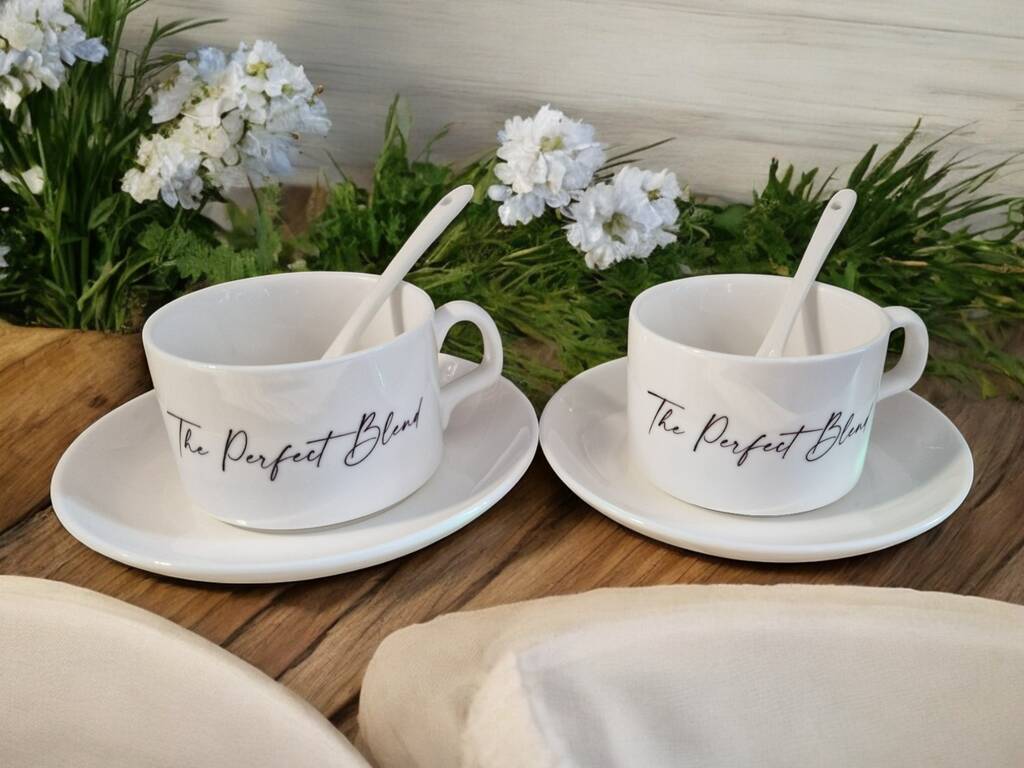 Personalised Zawj & Zawjah Islamic couple teacup set – custom name 3-piece ceramic gift with calligraphy, saucer, and spoon