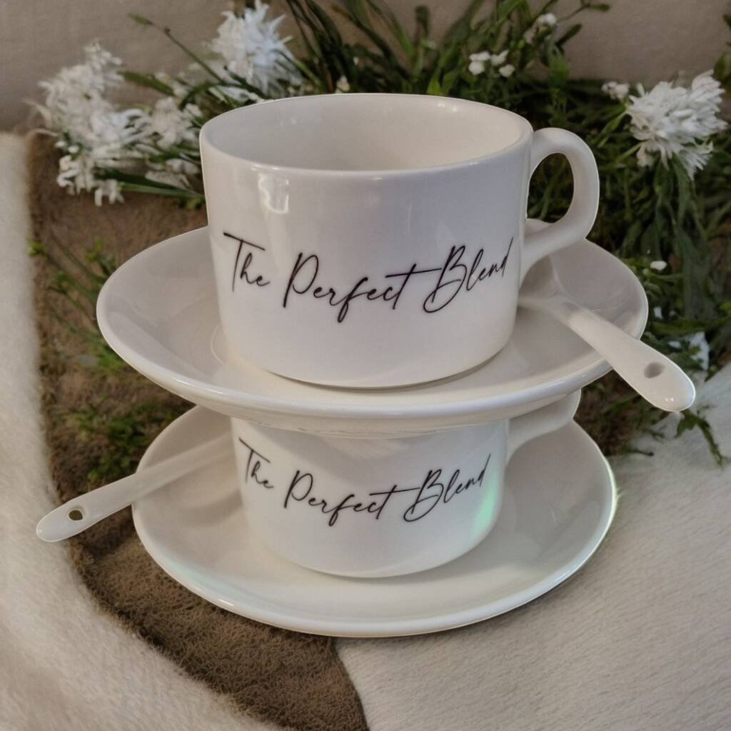 Personalised Zawj & Zawjah Islamic couple teacup set – custom name 3-piece ceramic gift with calligraphy, saucer, and spoon