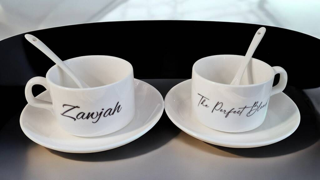 Personalised Zawj & Zawjah Islamic couple teacup set – custom name 3-piece ceramic gift with calligraphy, saucer, and spoon