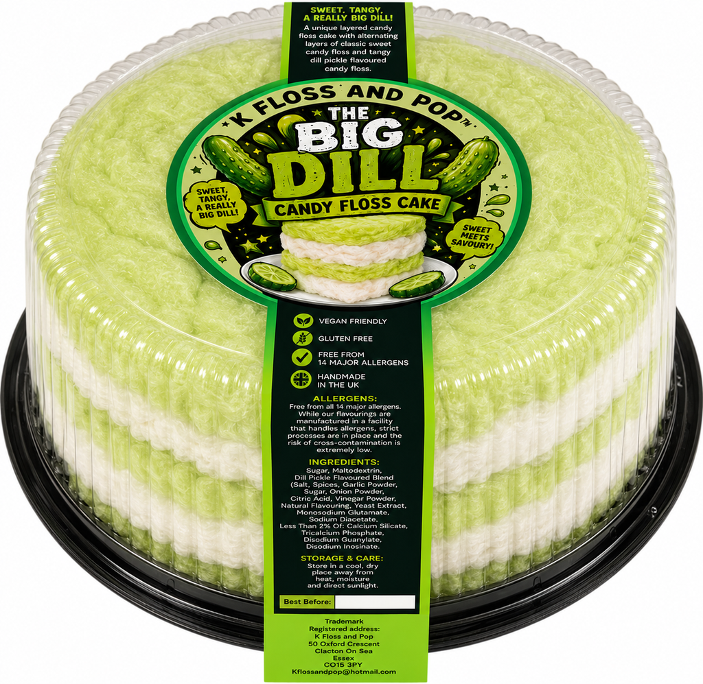 A packaged round cake in a clear plastic tub with a black base, featuring a bright yellow-green and white striped sponge cake. The cake is wrapped in a clear plastic cover with a large green and black label reading "The Big Dill Candy Floss Cake" and a dark green vertical label with product details.