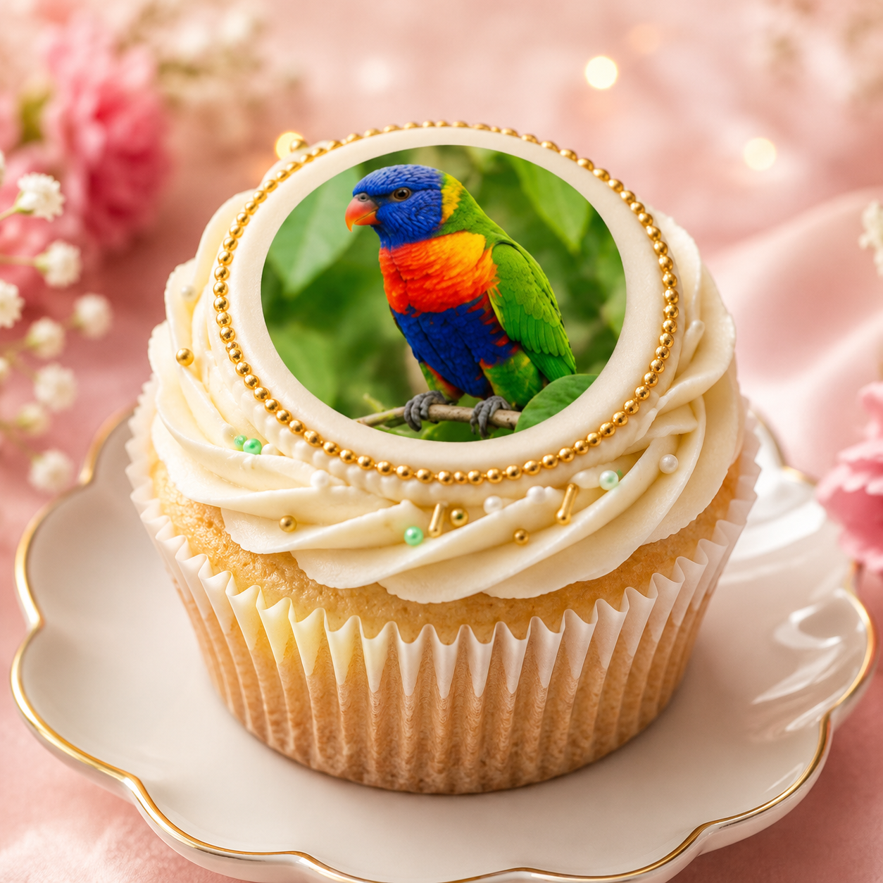 Cupcake with a colorful parrot image on top against a pink floral background