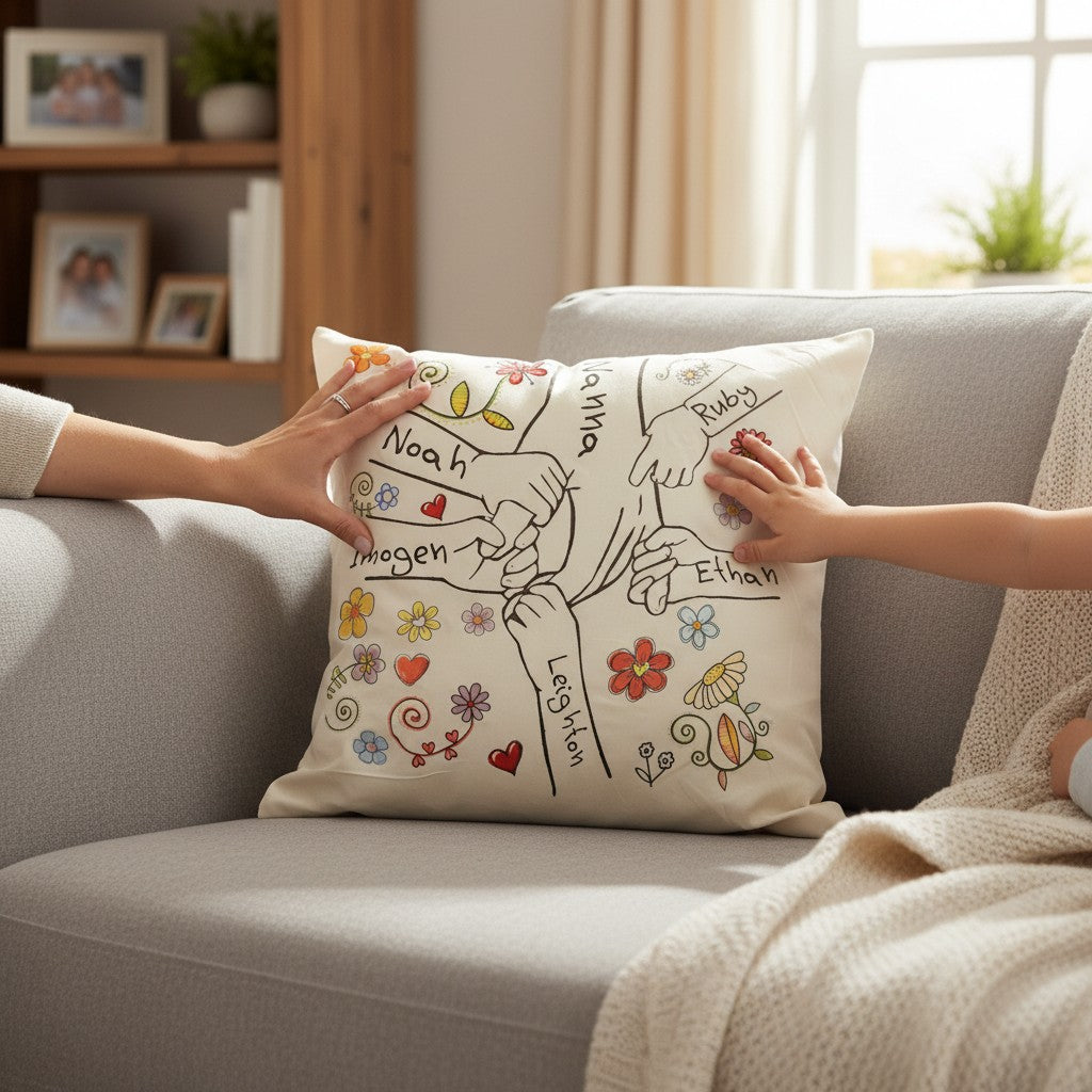Two hands holding a decorative pillow with embroidered names and designs on a couch.