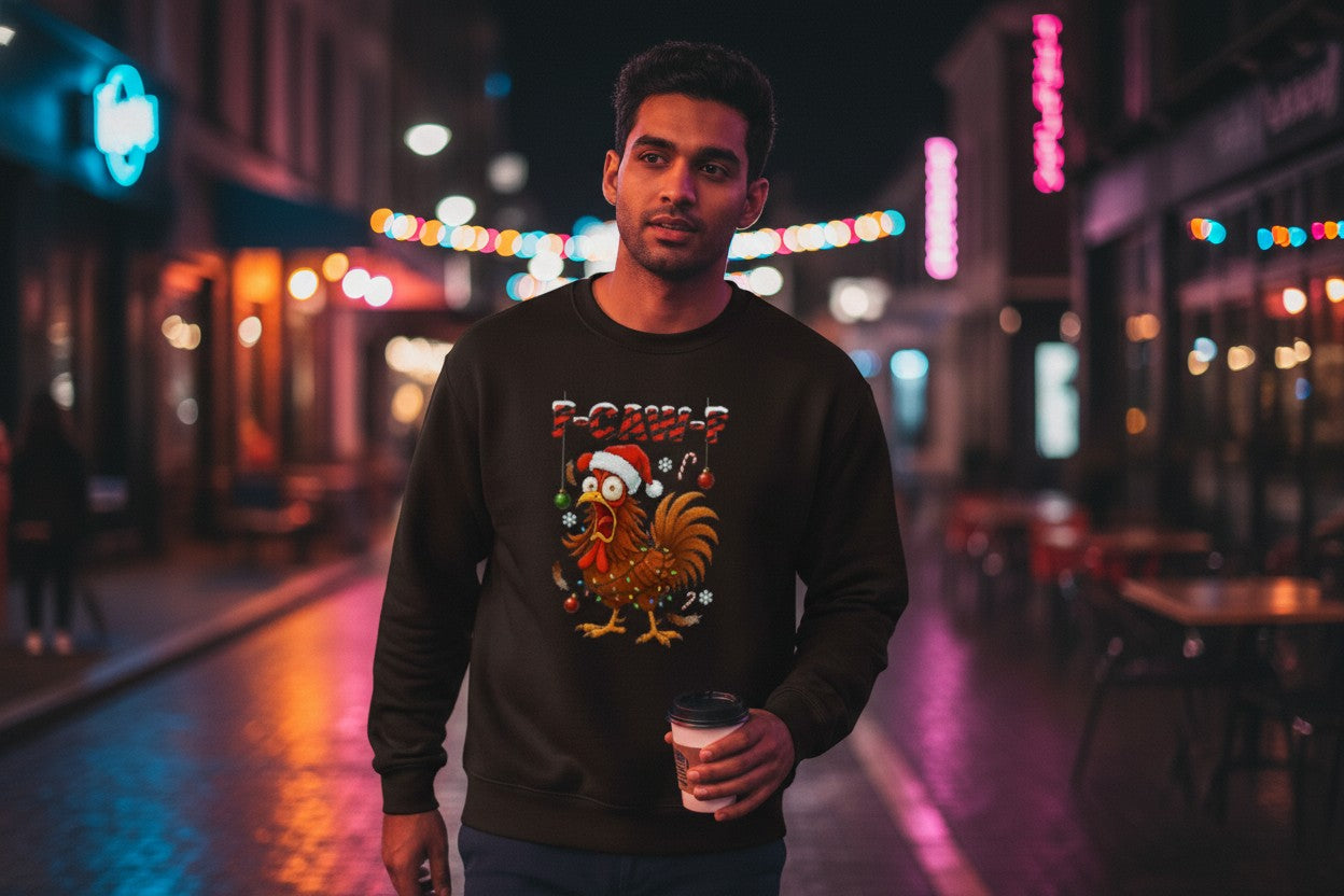 Man wearing a black sweatshirt with a rooster graphic on a city street at night.