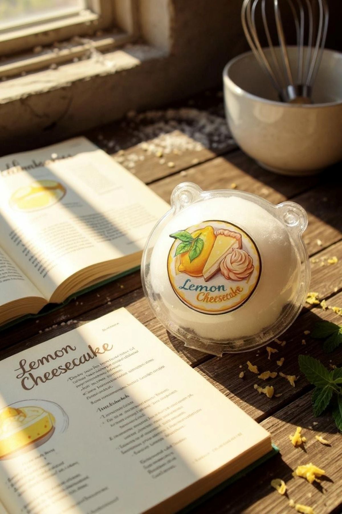 Lemon cheesecake in a clear packaging with a recipe book and whisk in the background on a wooden surface.