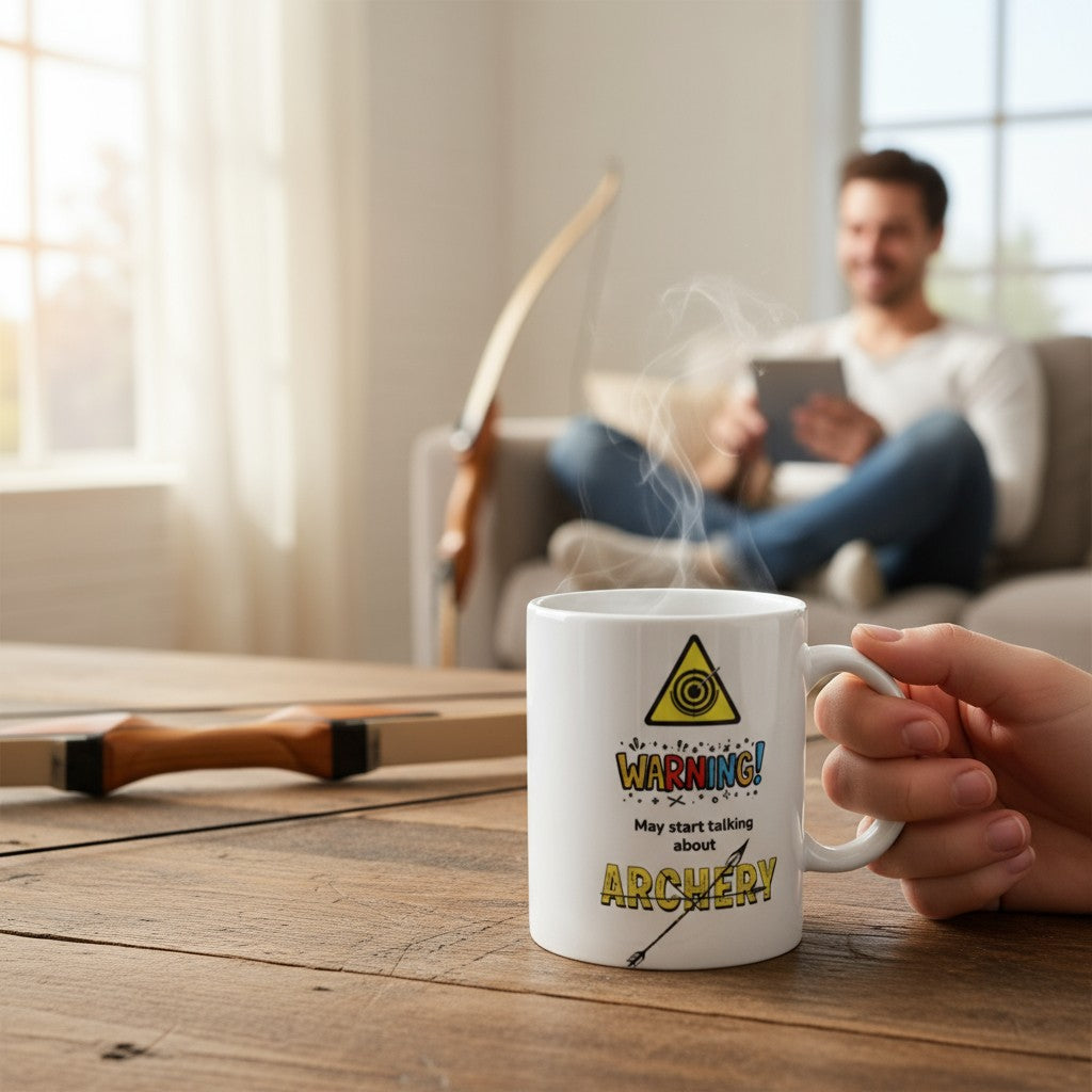 Person holding a mug with an archery-themed design in a living room setting.