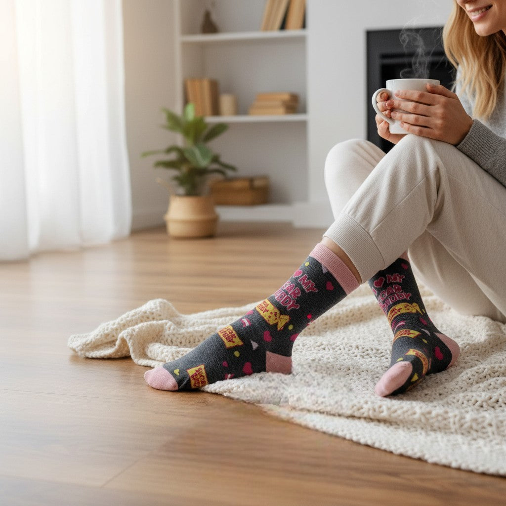 Person sitting on a rug in a cozy living room holding a mug, wearing patterned socks.